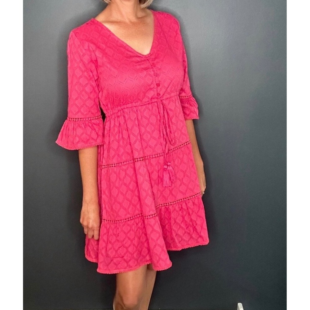 Modaposa Desideria Raspberry Pink Cotton Tiered Mini Dress V-Neck XL NEW